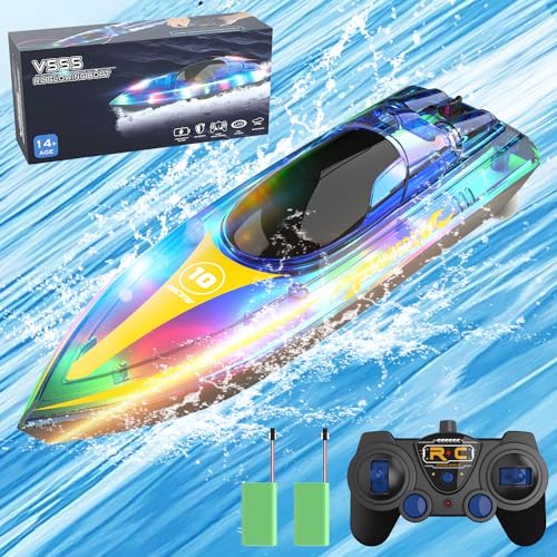 OBEST Ferngesteuerte Boot 2.4GHz RC Boot 20KM/H Hochgeschwindigkeits RC Rennboot mit LED Lichtern 2 Batterien Lange Ausdauer, Schwimmbäder/Seen/Teiche Spielzeug Geschenke für Erwachsene und Kinder von OBEST