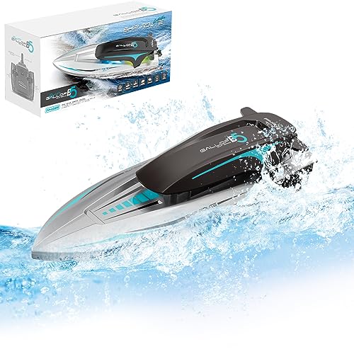 OBEST Ferngesteuerte Boot mit LED-Licht, 20+ km/h RC Boot Hohegeschwindigkeit, 2,4 GHz Dual Drive Rennboote Haiboot mit 2 Wiederaufladbarer Batterie, Kinder Yacht Boote Spielzeug für Pools und Seen von OBEST