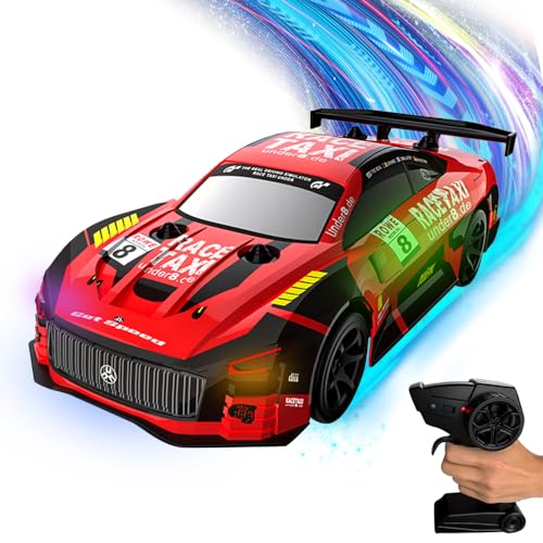 OBEST Ferngesteuertes Drift Auto mit LED-Leuchten, 2.4 GHz 4WD Fernbedienung Stunt Rennenauto, Hochgeschwindigkeits RC Rennwagen Modell Auto Spielzeug Geschenk Weihnachten für Kinder, 2 Akku (Rot) von OBEST