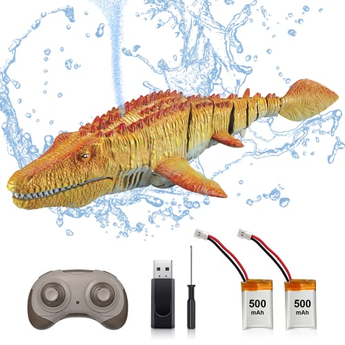 OBEST Ferngesteuertes Mosasaurus Boot, 2.4GHz RC Hai-Spielzeug, Shark Wasserspielzeug für Kinder Electric Dinosaurier-Boot, Simuliertes Mosasaurierschwimmen mit Wassersprühfunktion (2 Batterien) von OBEST