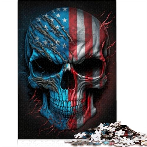 1000 Teile Holzpuzzle für Erwachsene, 1000 Teile Totenkopf mit amerikanischer Flagge, Puzzle für Erwachsene, Geschenke (Größe 75x50cm) von OBUMI