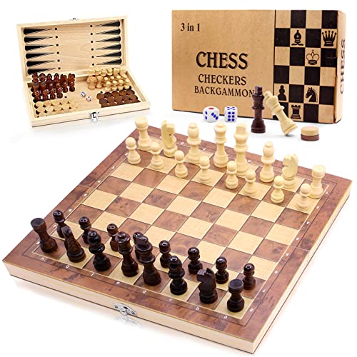 3 In 1 Schach - Tragbares Holz Schachbrett - Reiseschach - Backgammon - Schachset für Party Familie Aktivitäten, Schachspiel Kinder - 34 * 34 * 2 cm von OBYCPIN