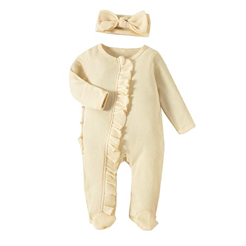 OBiQuzz Baby-Stirnband-Kleidung Solid Infant 2PCS Mädchen Footed Strampler Set Gerippte Outfits Overall Strampler & Overall Halloween Kostüm Baby 56 (Beige, 6-12 Months) von OBiQuzz