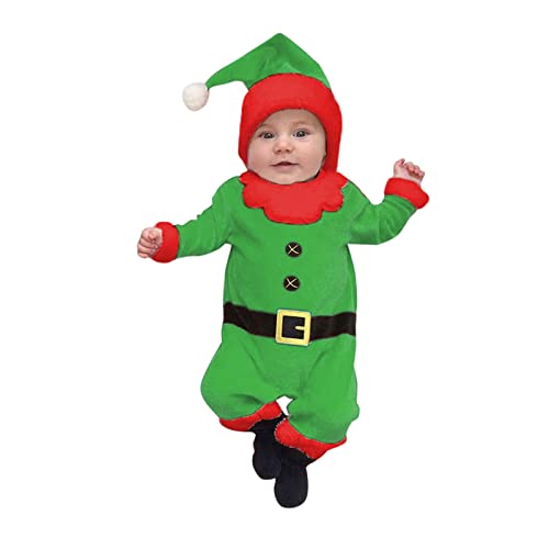 OBiQuzz Baby Weihnachten Outfit, Weihnachten Kostüm Baby Kleidung Christmas Santa Overall Elf Babykleidung Strampler Grün Weihnachtsmütze Outfit,Neugeborenen Geschenk Set Weihnachtsoutfit 0-24 Monate von OBiQuzz