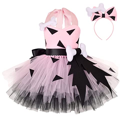 OBiQuzz Kleinkind Höhlenmensch Kostüm Halloween Hundeknochen Historisches Höhlenmädchen Tüllkleid Prinzessin Outfits Festliches Kleid Mädchen (Pink, 7-8 Years) von OBiQuzz