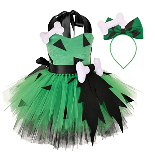 OBiQuzz Kleinkind Höhlenmensch Kostüm Halloween Hundeknochen Historisches Höhlenmädchen Tüllkleid Prinzessin Outfits Für Autoschlüssel (Green, 11-12 Years) von OBiQuzz