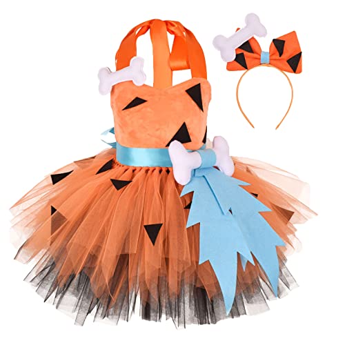 OBiQuzz Kleinkind Höhlenmensch Kostüm Halloween Hundeknochen Historisches Höhlenmädchen Tüllkleid Prinzessin Outfits Für Autoschlüssel (Orange, 1 Years) von OBiQuzz