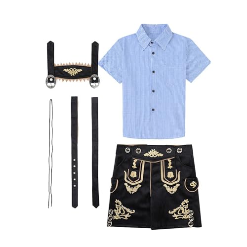 OBiQuzz Lederhosen für, Trachtenhose + kariertes Hemd, Oktoberfest-Kostümset, 3-teiliges Trachtenoutfit Festliche Kleidung Junge 92 (A, 7-9 Years) von OBiQuzz