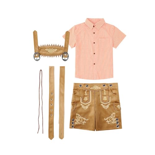 OBiQuzz Lederhosen für, Trachtenhose + kariertes Hemd, Oktoberfest-Kostümset, 3-teiliges Trachtenoutfit Festliche Kleidung Junge 92 (C, 12-14 Years) von OBiQuzz