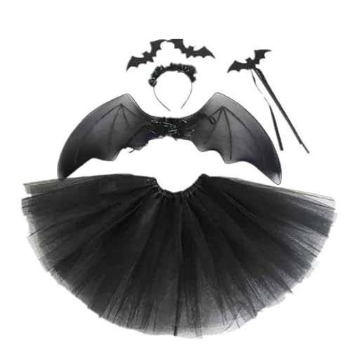 Fledermaus Kostüm Kinder, 6 Stück Halloween Fledermaus Kostüm Set mit Haareif Tutu Rock Flügel Haarband Maske Halskette und Zauberstab für Mädchen für Halloween Karneval Cosplay Party Vampir Motto von OCHILIMA
