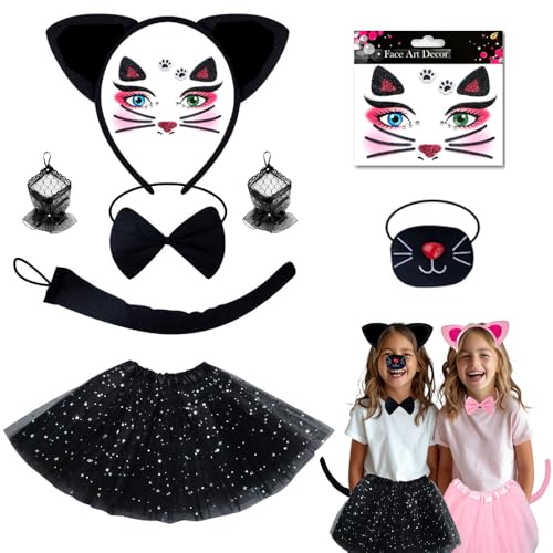 Katzenkostüm Kinder, 7-teiliges Set Mädchen Tutu Rock mit Zubehör Tier Ohren Stirnband Nase Fliege Tierpfoten Schwanz Aufkleber, Tierkostüm Kinder, Cosplay Set für Karneval halloween (Katze) von OCHILIMA