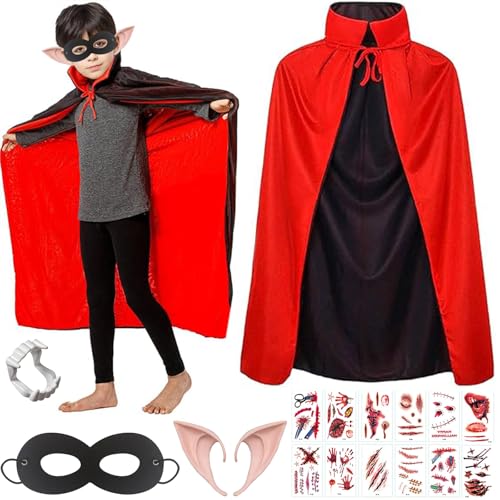 OCHILIMA Halloween Vampirkostüm Kinder schwarzer roter Vampirumhang mit Vampirzähnen, Ohren, Tätowierung und Halloweenmaske, doppellagiges Magierkostüm für Kinder unisex (S-90CM) von OCHILIMA