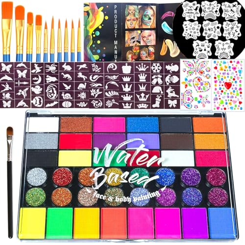 OCHILIMA Kinderschminke Set, Gesichtsfarben Kinderschminken 42 Farben Schminkpalette, Waschbar Face Paint Schminkset, 13 Pinsel, 8 Schablonen, 2 Diamant-Sticker, 56 Tattoos für Halloween Karneval OCHILIMA Kinderschminke Set, Gesichtsfarben Kinderschminken 42 Farben Schminkpalette, Waschbar Face Paint Schminkset, 13 Pinsel, 8 Schablonen, 2 Diamant-Sticker, 56 Tattoos für Halloween Karneval von OCHILIMA