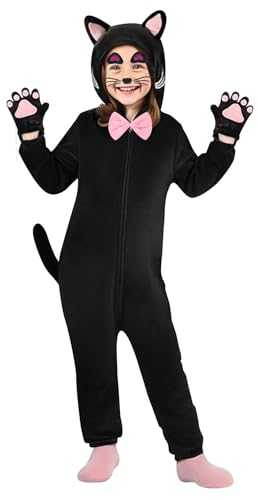 OCHILIMA Schwarze Katze Onesie Katze Kostüm für Unisex Kinder, mit Fliege Aufklebern, flauschige Flanell Tiere Strampler Pyjamas Halloween katze Cosplay für Karneval Faschings kostüm, 110 von OCHILIMA