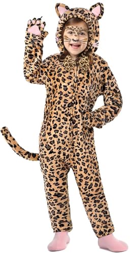OCHILIMA Kinder Leoparden kostüme,flauschige Geparden Tier Strampler Pyjamas mit Fliege Aufklebern,weicher Flanell Overall Halloween Katzen kostüm für Unisex Kinder Halloween Karnevals kostüm,110 von OCHILIMA