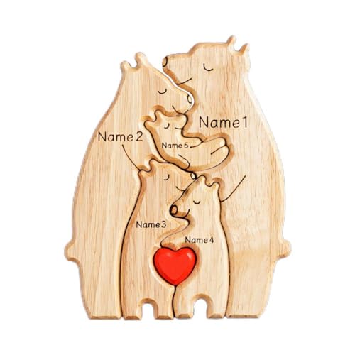 Personalisierte Bärenfamilie Holzkunstpuzzle, DIY Holzbär Familie Figur, Tierfamilie Holzstatue Dekor, Familienname Bär Herz Puzzle, für Desktop-Ornament, Heimtischdekoration von OCKULT
