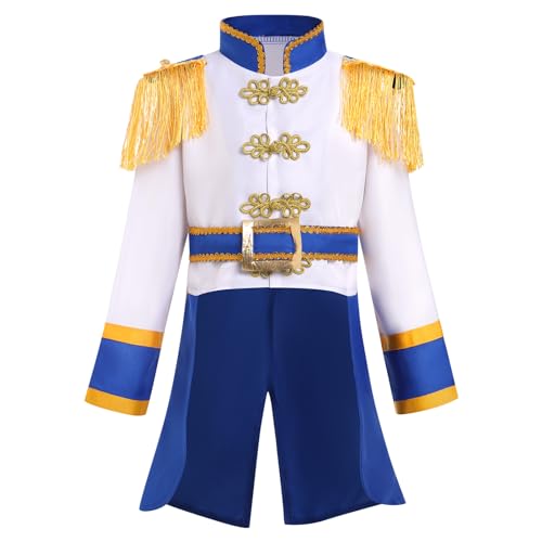 ODASDO Kinder Jungen Prinz Soldat Zirkus Piratenjacke Frack Halloween Kostüm Weihnachten Rollenspiel Dress Up, Weiß + Blau, 3-4T von ODASDO