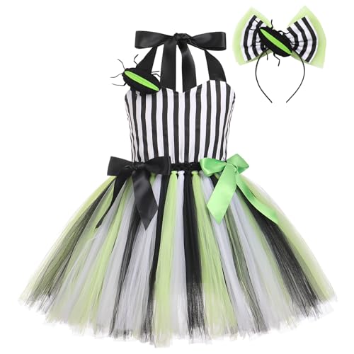 ODASDO Schwarz-weiß gestreiftes Tutu-Kleid für Mädchen, Kinder, Gruselfilm, gruselig, Halloween, Cosplay, Party-Outfits, Schwarz, 7–8 Jahre von ODASDO