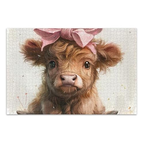 1000 Stück Jigsaw Puzzle Nette Hochland Kuh Beige DIY Geschenk Jigsaw Puzzle mit Mesh Aufbewahrungstasche Lustiges Puzzle für Erwachsene von ODAWA