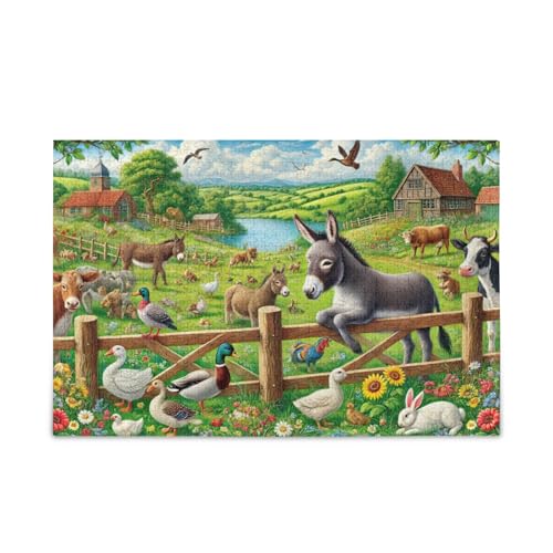 1000 Teile Puzzle Bauernhof Tiere Grün DIY Geschenk Puzzles mit Netz-Aufbewahrungstasche Lustiges Puzzle für Erwachsene von ODAWA