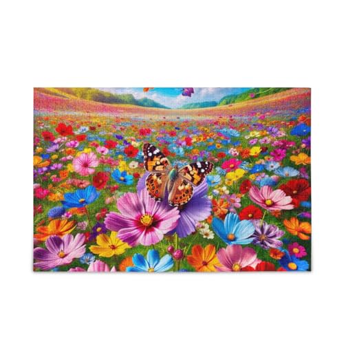 1000 Teile Puzzle Bunte Blumen mit Schmetterling DIY Geschenk Puzzle mit Netz-Aufbewahrungstasche für Erwachsene, Familien von ODAWA