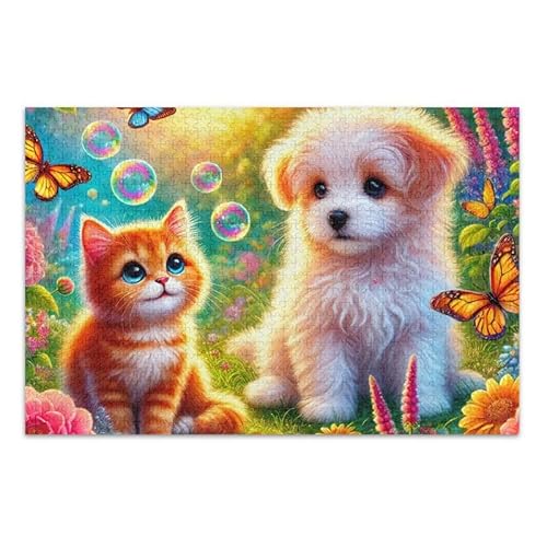 1000 Teile Puzzle Cute Kitten Dog DIY Geschenk Jigsaw Puzzles mit Mesh Aufbewahrungstasche für Erwachsene Familien von ODAWA