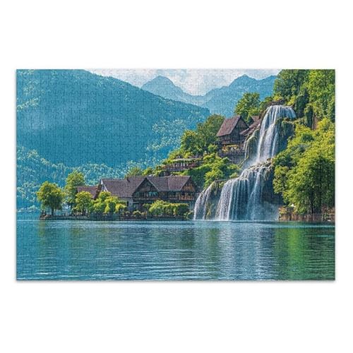 1000 Teile Puzzle Dorf Berg Wasserfall Puzzle Spiel Home Wall Artwork Lustiges Puzzle für Erwachsene von ODAWA