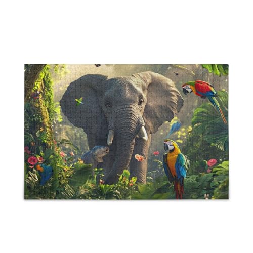 1000 Teile Puzzle Dschungel Elefant und Papageien DIY Geschenk Jigsaw Puzzles mit Mesh Aufbewahrungstasche für Erwachsene Familien von ODAWA