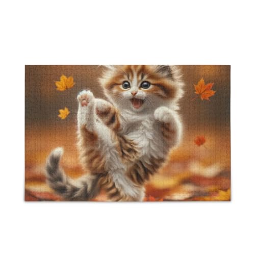 1000 Teile Puzzle Happy Cat Kicking in Autumn Jigsaw Puzzles Herausforderung Puzzle für Erwachsene von ODAWA