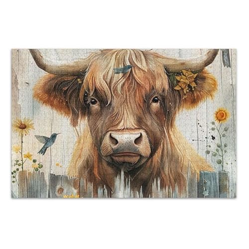 1000 Teile Puzzle Highland Cow Sonnenblumen Puzzle Spiel Home Wall Artwork Fun Family Activity von ODAWA