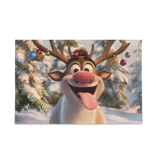 1000 Teile Puzzle Lustiges Rentier Braun DIY Geschenk Puzzle mit Netz-Aufbewahrungstasche Spaß Familie Aktivität von ODAWA