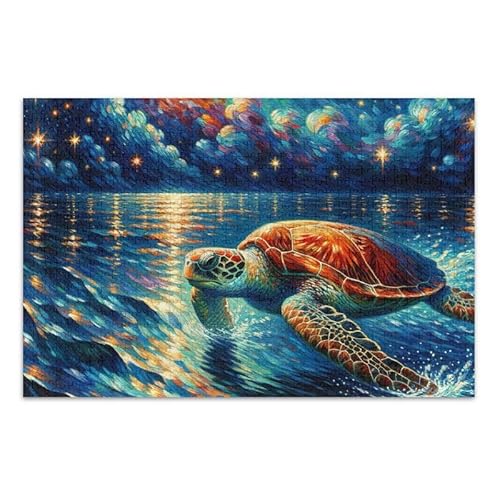 1000 Teile Puzzle Meeresschildkröte unter Nacht DIY Geschenk Puzzle mit Netz-Aufbewahrungstasche Herausforderung Puzzle für Erwachsene von ODAWA