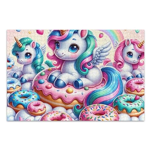 1000 Teile Puzzle Niedliche Einhorn Donuts Rosa DIY Geschenk Jigsaw Puzzles mit Mesh Aufbewahrungstasche Lustiges Puzzle für Erwachsene von ODAWA