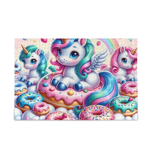 1000 Teile Puzzle Niedliche Einhorn Donuts Rosa DIY Geschenk Puzzle mit Netz-Aufbewahrungstasche für Erwachsene, Familien von ODAWA