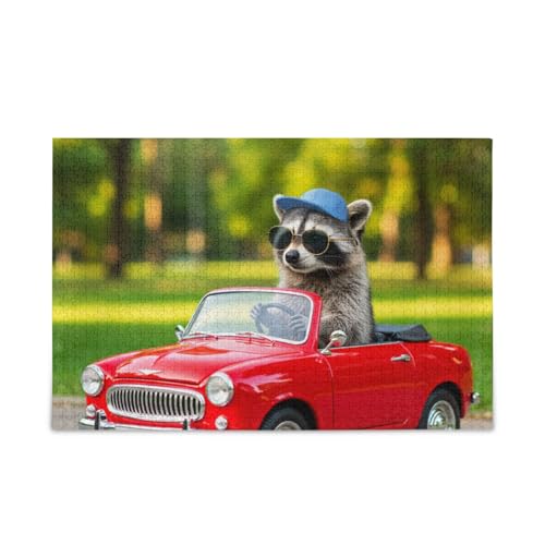1000 Teile Puzzle Niedlicher Waschbär Fahren Auto DIY Geschenk Jigsaw Puzzles mit Mesh Aufbewahrungstasche für Erwachsene Familien von ODAWA