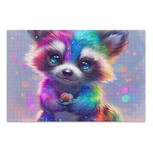 1000 Teile Puzzle Niedlicher Waschbär Regenbogen DIY Geschenk Puzzle mit Netz-Aufbewahrungstasche für Erwachsene Teenager von ODAWA