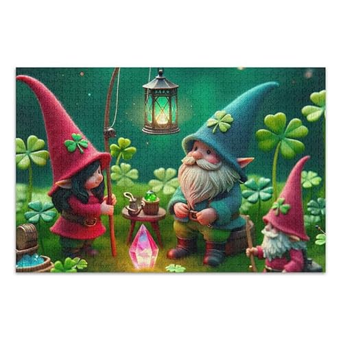 1000 Teile Puzzle St. Patrick's Gnomes Grün DIY Geschenk Puzzle mit Netz-Aufbewahrungstasche Lustiges Puzzle für Erwachsene Kinder von ODAWA