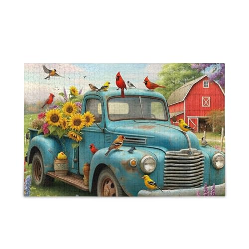 1000 Teile Puzzle Vintage Truck Grün DIY Geschenk Jigsaw Puzzles mit Mesh Aufbewahrungstasche Herausforderung Puzzle für Erwachsene von ODAWA