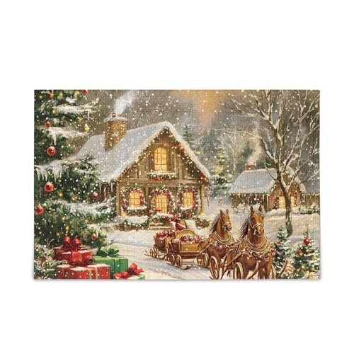 1000 Teile Puzzle Weihnachten Schlitten Hütte Weiß Puzzle Spaß Familie Aktivität von ODAWA
