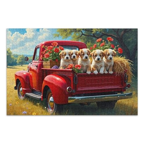 1000 Teile Puzzle Welpe Truck Blumen Puzzle Spiel Home Wall Artwork Lustiges Puzzle für Erwachsene von ODAWA