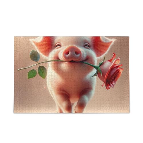 500-teiliges Puzzle, Schwein mit Rose, stabile 2 mm Puzzleteile für Erwachsene und Teenager, 52,1 cm L x 37,8 cm B von ODAWA