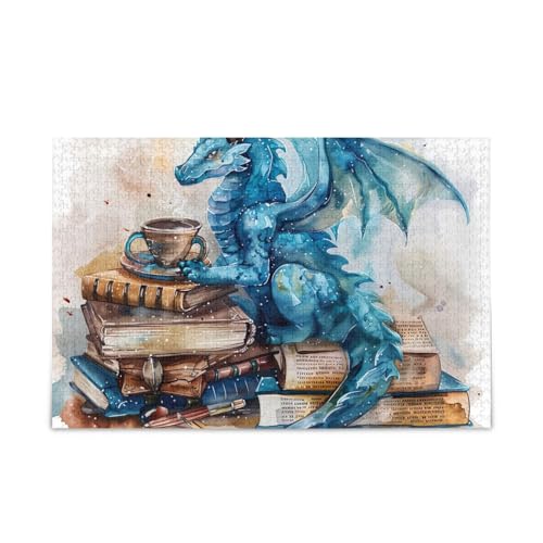 Aquarell-Drache und Buch-Puzzle, herausforderndes Puzzle-Spiel für Erwachsene, Familien, fertige Größe 74,9 x 50 cm von ODAWA