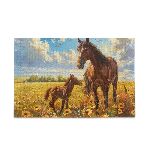 Aquarell Pferde Sonnenblume Feld Puzzles 500 Teile Puzzle DIY Geschenk Puzzle mit Netz-Aufbewahrungstasche für Erwachsene Familien von ODAWA
