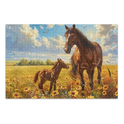 Aquarell-Puzzle, Motiv: Pferde, Sonnenblumenfeld, Lernpuzzle für Erwachsene und Jugendliche, fertige Größe 74,9 x 50 cm von ODAWA
