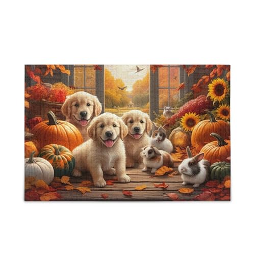 Autumn Golden Retriever Puppies Puzzle 500 Teile Puzzle Stabile 2 mm Puzzleteile Herausforderung Puzzles für Erwachsene von ODAWA