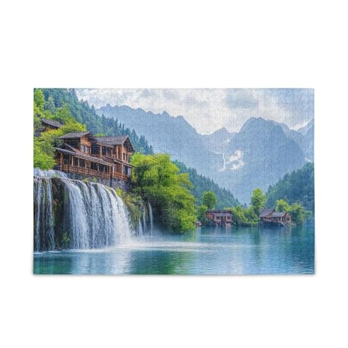 Berg-Wasserfall-Puzzle-Spiel, Wandkunst, Spaß, Familienaktivität, fertige Größe 74,9 x 50 cm von ODAWA