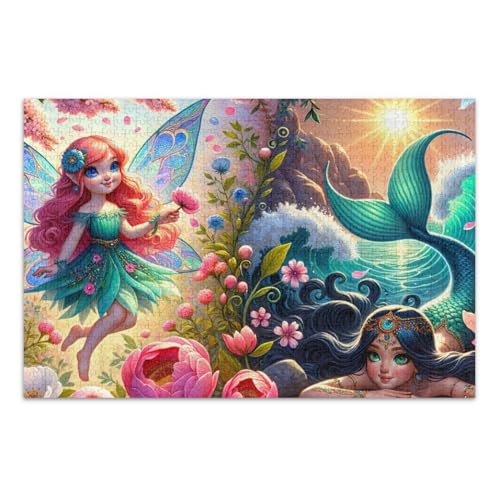 Blumen-Meerjungfrauen-Puzzle, 500-teiliges Puzzle, DIY-Geschenk, Puzzles mit Netz-Aufbewahrungstasche, lustiges Puzzle für Erwachsene und Kinder von ODAWA