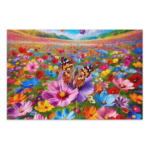 Bunte Blumen mit Schmetterling, herausforderndes Puzzle-Spiel, Spaß, Familienaktivität, fertige Größe 74,9 x 50 cm von ODAWA