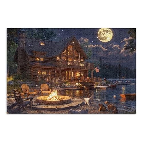 Cabin Lake Moonlight Puzzle-Spiel, Wandkunstwerk für Erwachsene und Jugendliche, fertige Größe 74,9 x 50 cm von ODAWA
