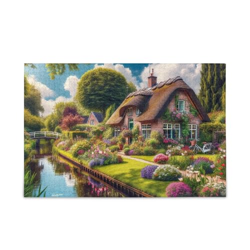 Charming Cottage Green Puzzles Herausforderndes Puzzle-Spiel Spaß Familienaktivität, fertige Größe 74,9 x 50 cm von ODAWA
